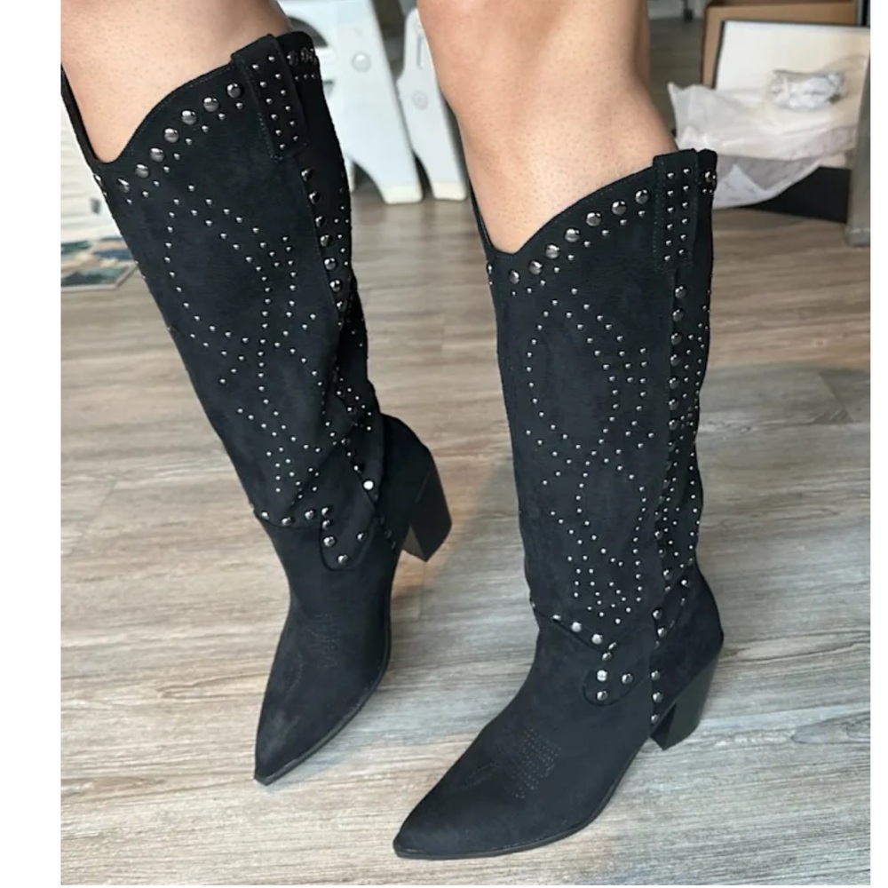 Black Suede Studded Western Boots